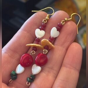 NWT Artisan Valentine Earrings 🤍 Garnet Malachite MOP Hearts Yellow Coin Pearl